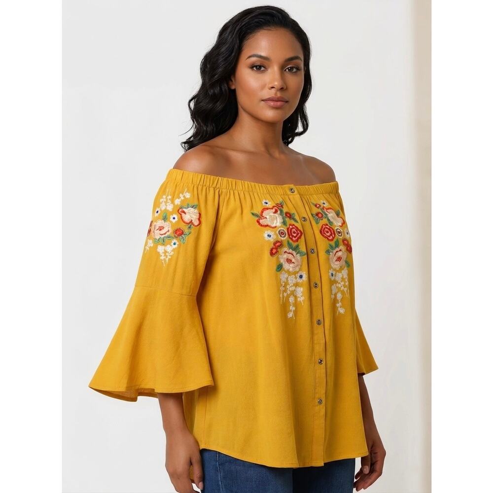 Umgee Mustard Yellow Off Shoulder Embroidered Boho Top Size L, Bell Sleeve Shirt